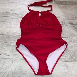 Red halter ruched red one piece shein swimsuit.